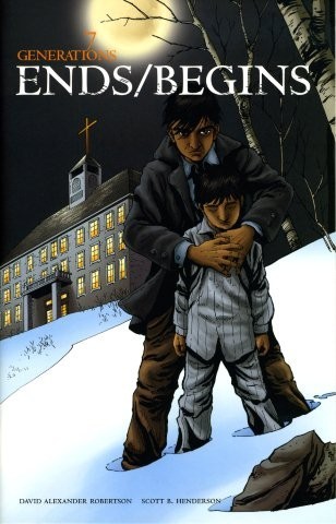 front cover of the Ends/Begins graphic novel. Depicts a man holding a boy outside of a Residential School at night.